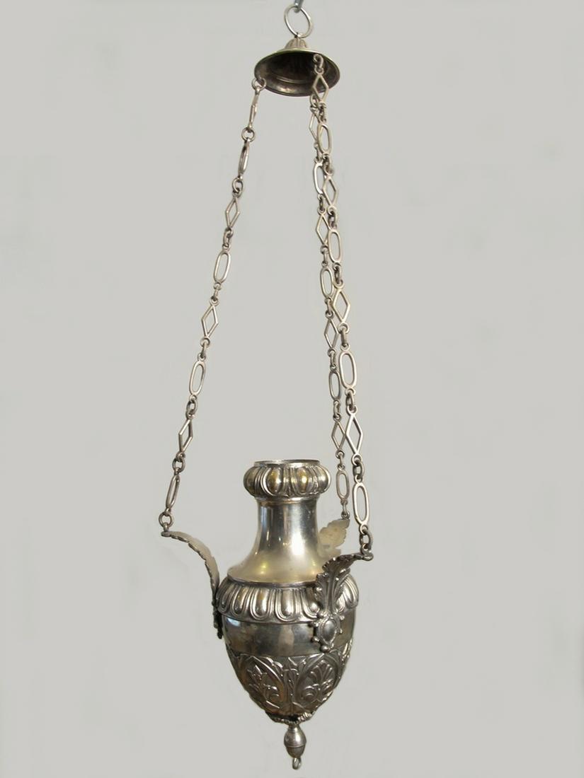 Antique Catholic church silverplate hanging incense: Antique Catholic church silverplate hanging incense burner. 28 1/4 in H. Shipping in USA or International please contact for quote both UPS stores: 1) : David Reiser UPS store 1937-754-263-0780, aucti