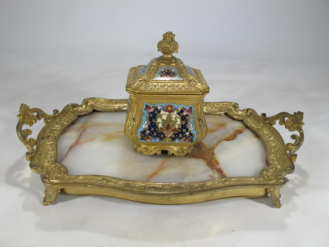 Antique gil bronze champleve & onyx inkwell: Antique gil bronze champleve & onyx inkwell. 5 1/4” H x 10 3/8” W x 6 1/2” D. Shipping in USA or International please contact for quote both UPS stores: 1) : David Reiser UPS store 1