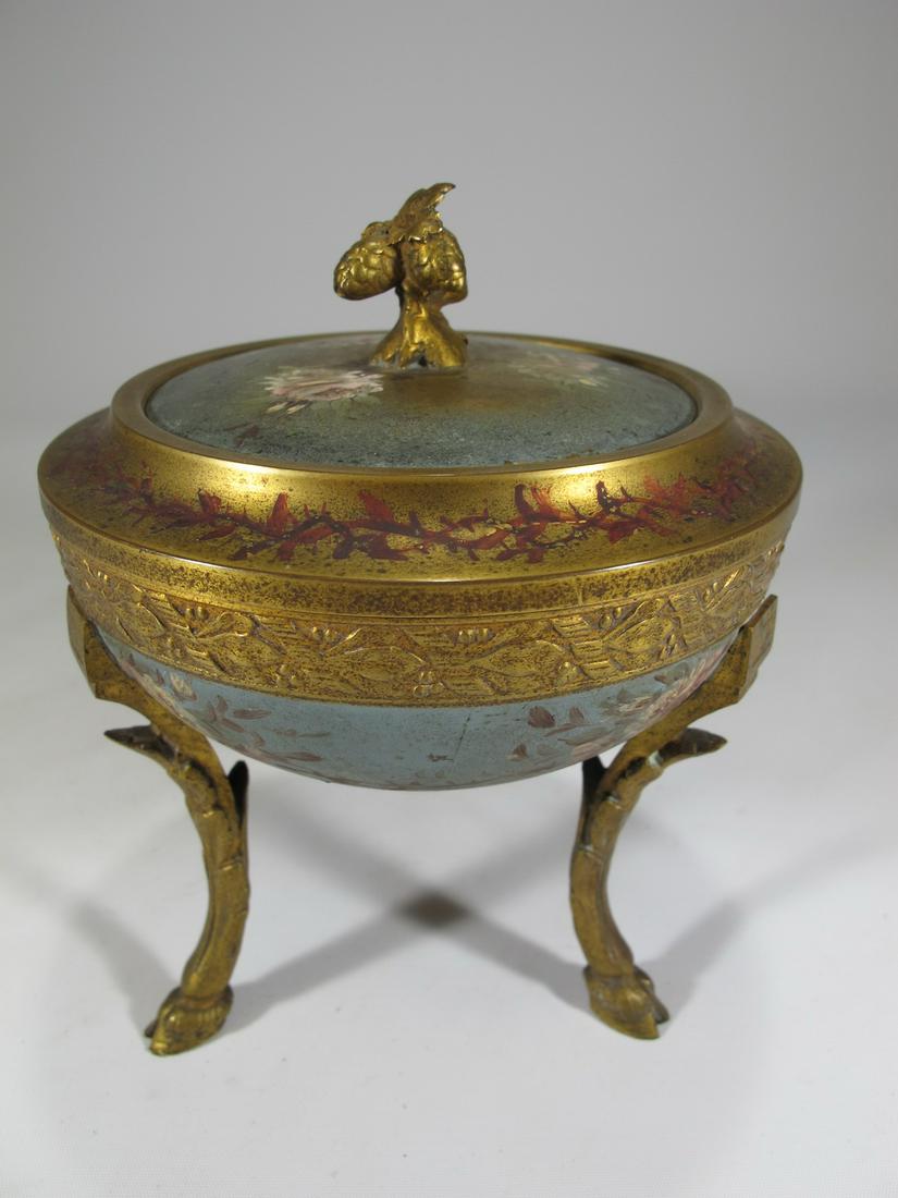 Antique French gilt & painted bronze lided box: Antique French gilt & painted bronze lided box. 5 7/8 in H x 4 5/8 in W. Shipping in USA or International please contact for quote both UPS stores: 1) : David Reiser UPS store 1937-754-263-0780, aucti