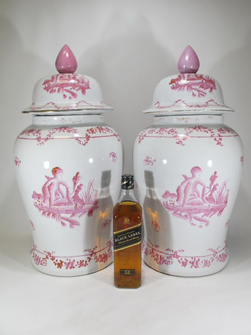 Large Chinese pair of porcelain lidded ginger jars: Large Chinese pair of porcelain lidded ginger jars. 24 3/4” H x 11” W. Shipping in USA or International please contact for quote both UPS stores: 1) : David Reiser UPS store 1937-754-263-0