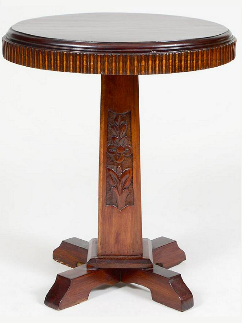 Vintage Art Deco style carved wood side table: Vintage Art Deco style carved wood side table. 27” H x 22 1/8” W. Shipping in USA or International please contact for quote both UPS stores: 1) : David Reiser UPS store 1937-754-263-0780,