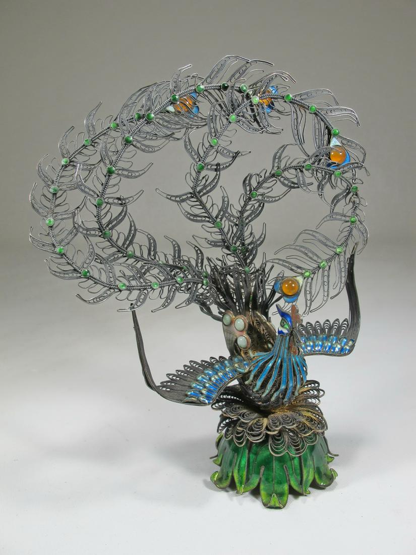 Antique Chinese Export filigree silver & enamel peacock: Antique Chinese Export filigree silver, stones & enamel peacock. 6 3/4 in H x 5 in W x 2 1/8 in D. Shipping in USA or International please contact for quote both UPS stores: 1) : David Reiser UPS stor