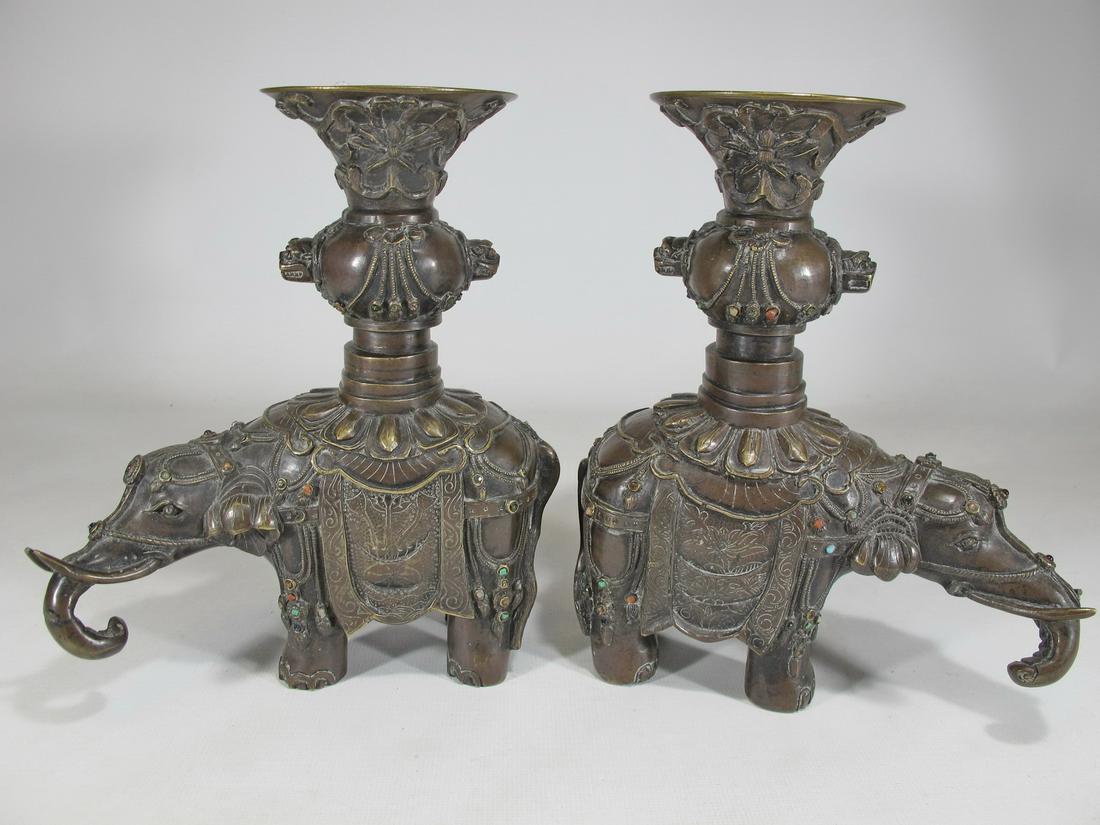 Antique Tibetan pair of elephants bronze & stones (1 of 14)