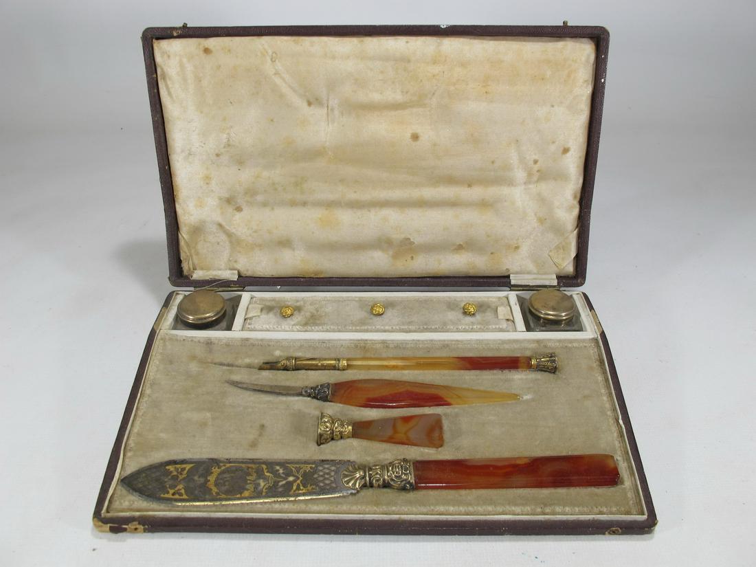 Antique French agate & silver writing desk set (1 of 10)