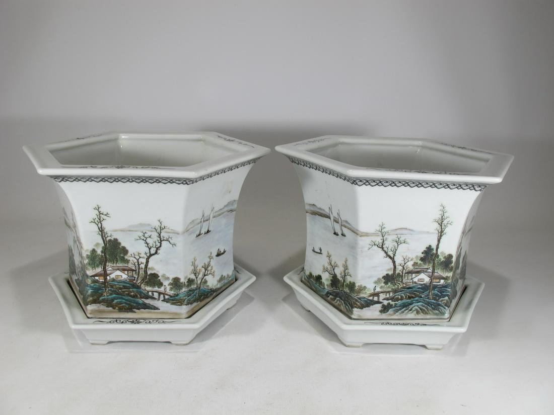 Antique Oriental pair of hexagonal porcelain vases with (1 of 11)