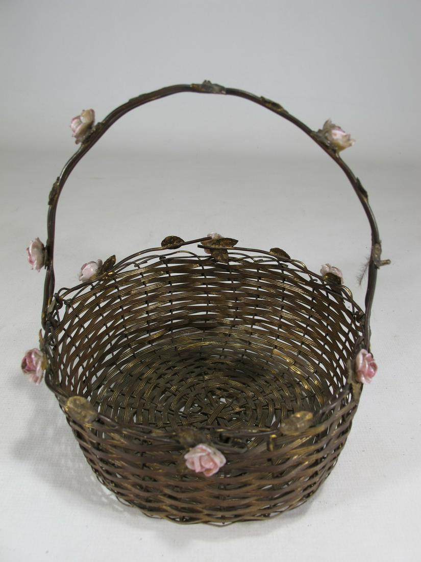 Antique wicker bronze basket with porcelain flowers (1 of 7)