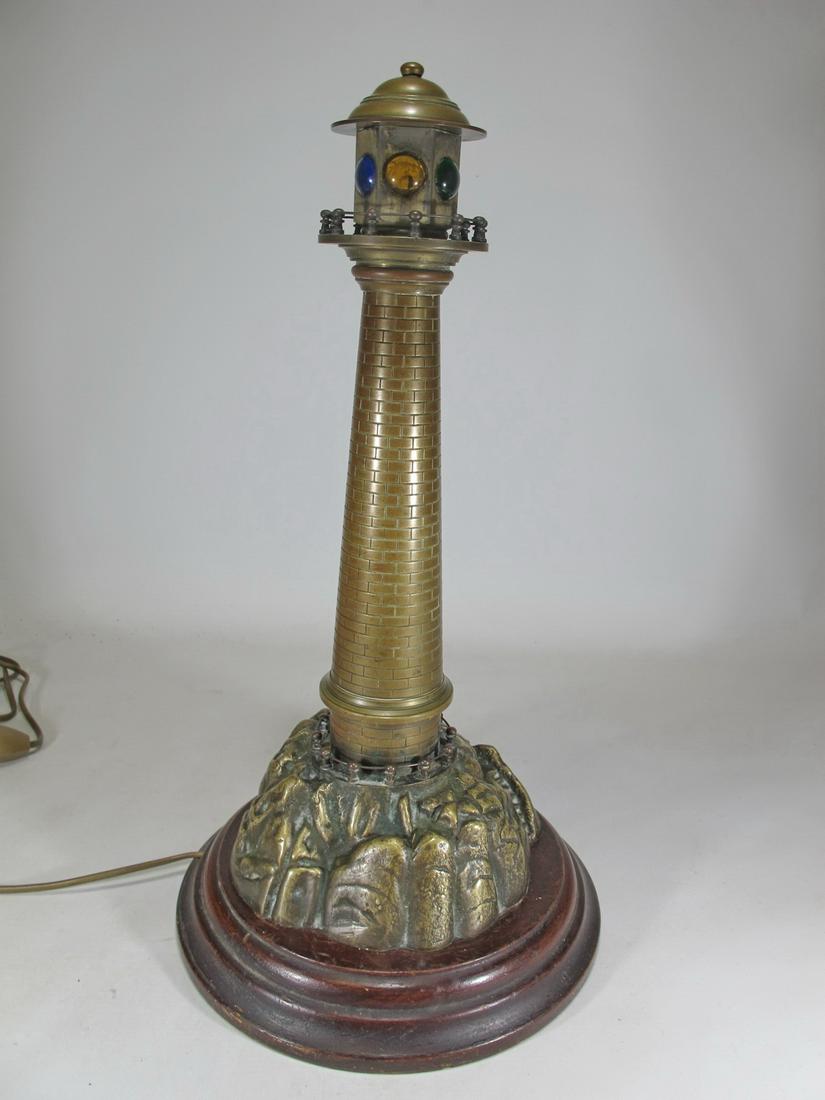 Antique bronze & colored glass light house lamp (1 of 6)