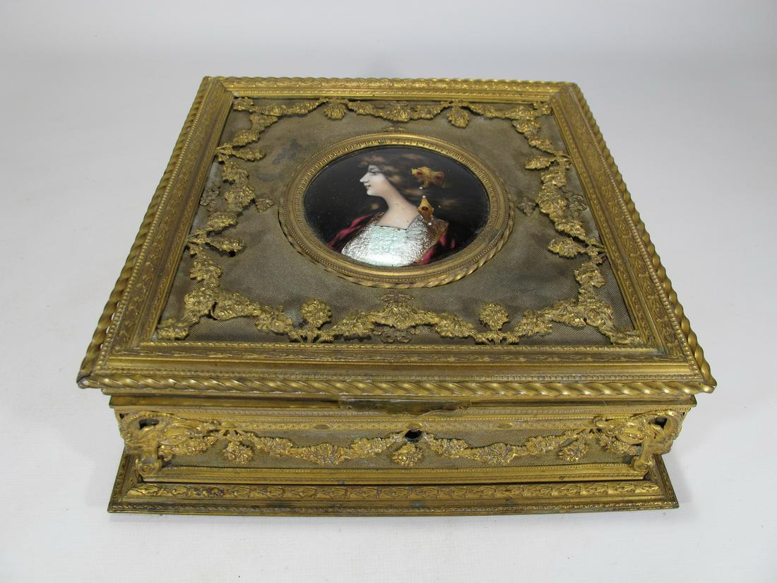 Antique French bronze & enamel jewelry box: Antique French bronze & enamel jewelry box. 3” H x 8 1/2” W x 8 1/2” D. Shipping in USA or International please contact for quote both UPS stores: 1) : David Reiser UPS store 1937-75