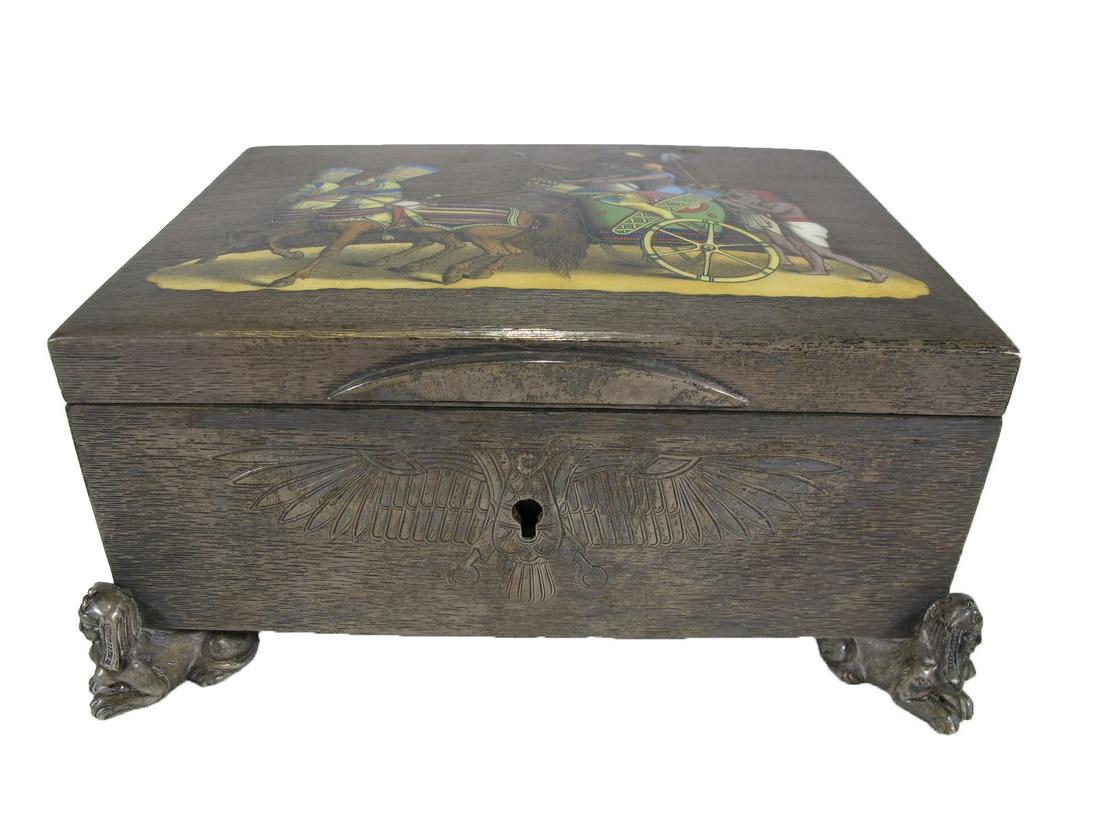Austrian-Hungary silver & enamel with Egyptian painting: Austrian-Hungary silver & enamel with Egyptian painting box. 800 silver doh head mark around 1867/1922. Weight: 828.9 grams. 3 1/8” H x 6 5/8” W x 5” D. ANY INVOICE OVER $ 2,000.00 W