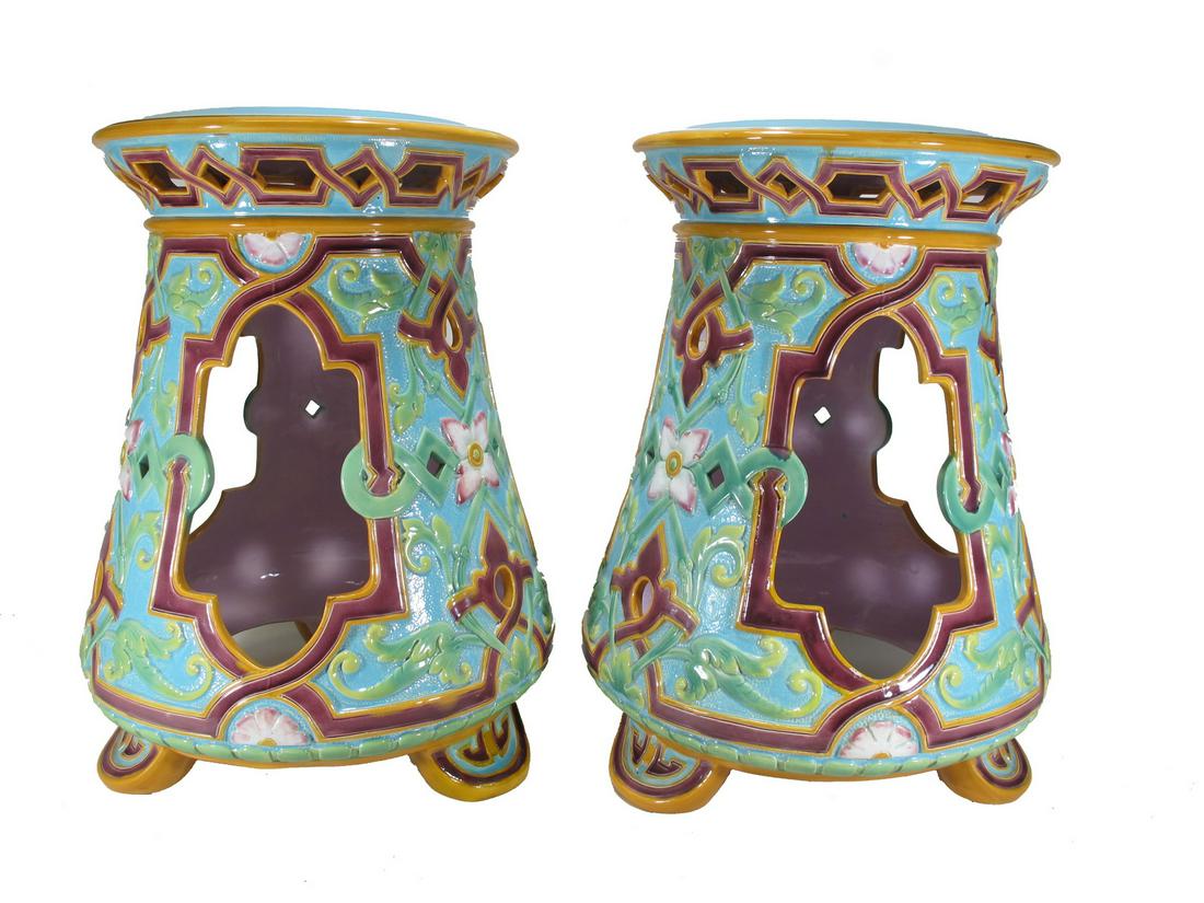 Antique MINTON pair of majolica pedestals: Antique MINTON pair of majolica pedestals. 17 3/4” H x 14” W. ANY INVOICE OVER $ 2,000.00 WE WILL ACCEPT PAYMENTS ONLY THROUGH CHECK OR BANK WIRE TRANSFER, SAME FOR INTERNATIONAL BUYERS. I