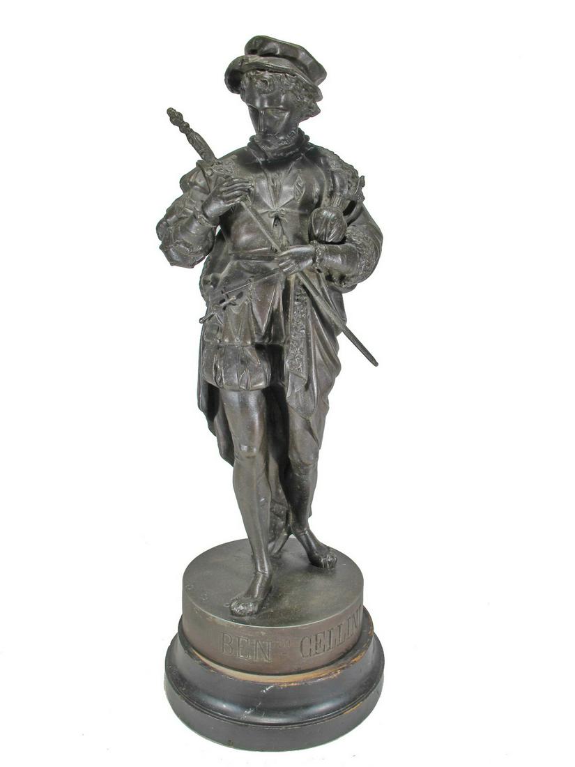 Antique spelter sculpture from Benvenuto Cellini: Antique spelter sculpture from Benvenuto Cellini subject circa 1940. 24 3/8” H x 9 1/4” W. ANY INVOICE OVER $ 2,000.00 WE WILL ACCEPT PAYMENTS ONLY THROUGH CHECK OR BANK WIRE TRANSFER, SAM