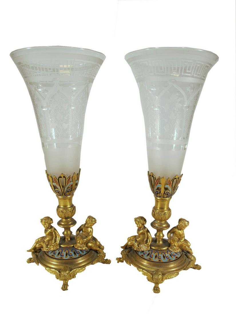 Antique French pair of bronze champleve & crystal vases: Antique French pair of bronze champleve & crystal vases. 9 7/8” H x 4” W. ANY INVOICE OVER $ 2,000.00 WE WILL ACCEPT PAYMENTS ONLY THROUGH CHECK OR BANK WIRE TRANSFER, SAME FOR INTERNATION
