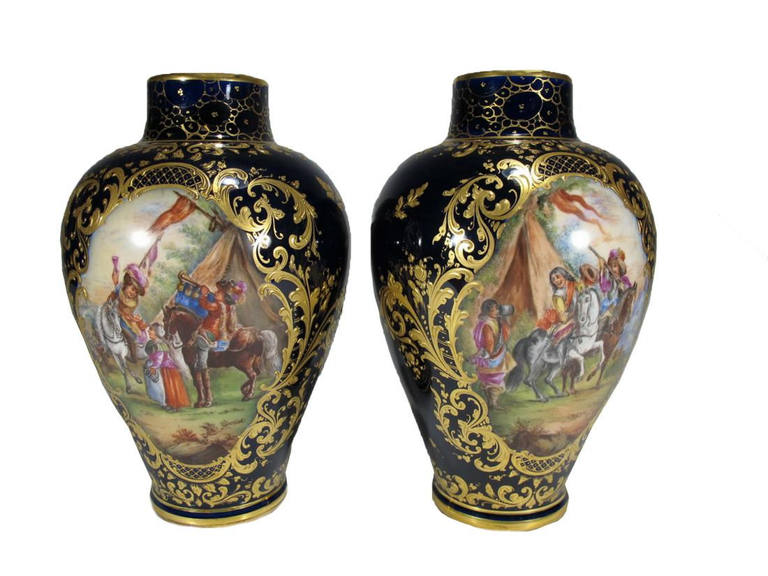 Antique Old Vienna pair of porcelain vases: Antique Old Vienna pair of porcelain vases, marked. 8 1/4 in H x 4 3/4 in W. ANY INVOICE OVER $ 2,000.00 WE WILL ACCEPT PAYMENTS ONLY THROUGH CHECK OR BANK WIRE TRANSFER, SAME FOR INTERNATIONAL BUYERS