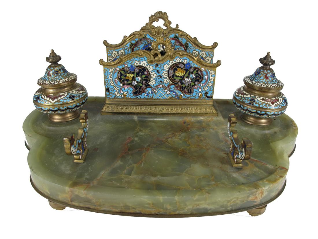 Antique French bronze champleve & onyx inkwell (1 of 7)