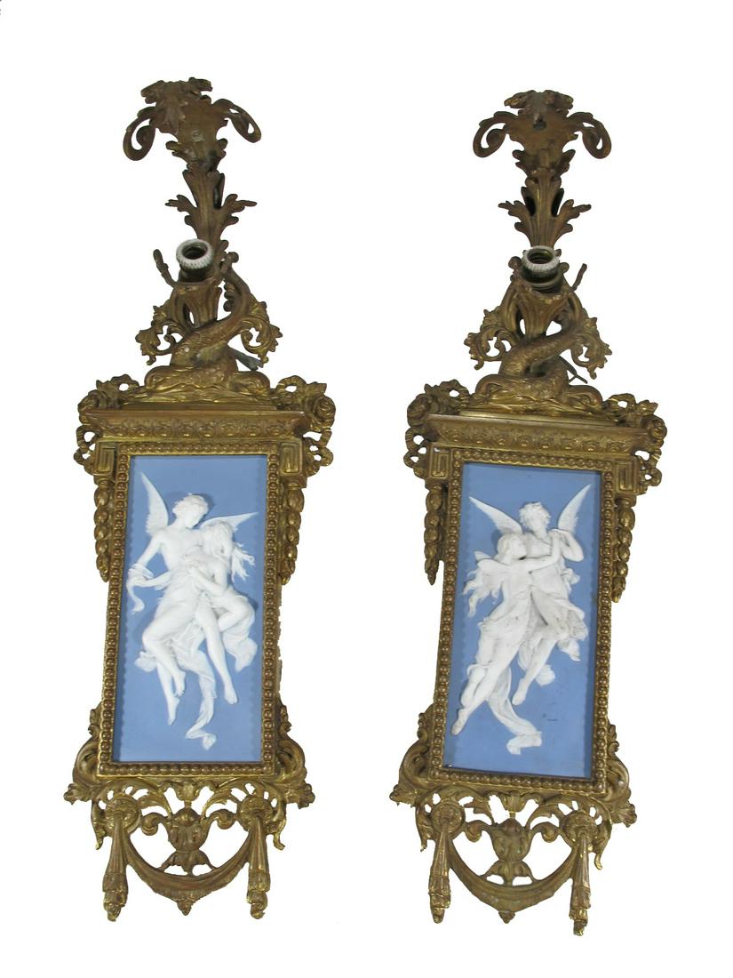 Antique bronze & Wedgwood plaques pair of sconces (1 of 8)