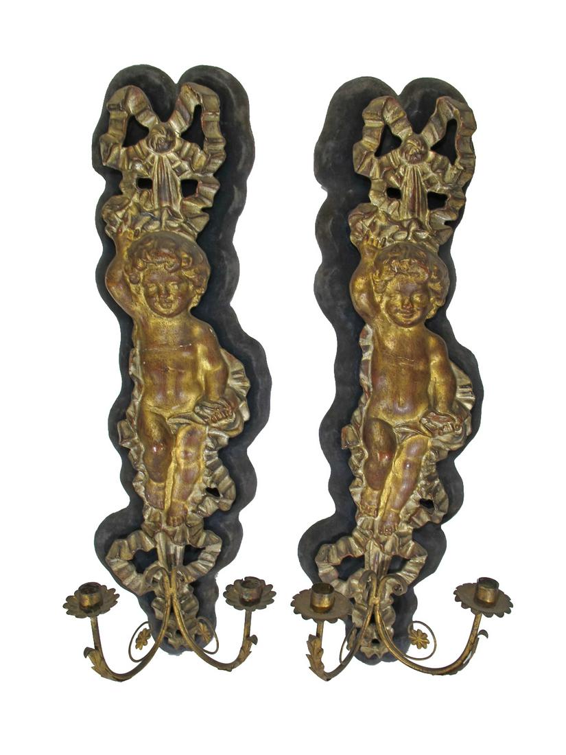 Antique large pair of bronze & wood candle wall sconces (1 of 7)
