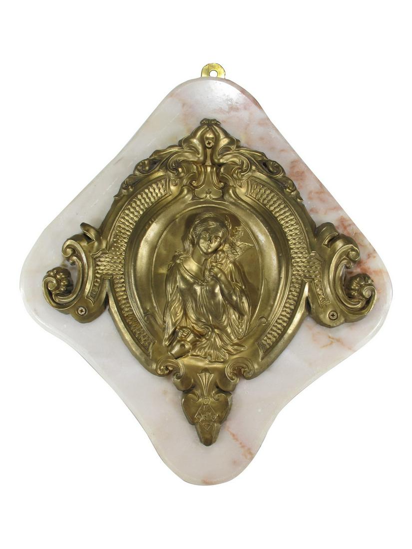 Antique bronze & onyx wall plaque: Antique bronze & onyx wall plaque. 18 1/2” H x 16” W x 1 1/2” D. ANY INVOICE OVER $ 2,000.00 WE WILL ACCEPT PAYMENTS ONLY THROUGH CHECK OR BANK WIRE TRANSFER, SAME FOR INTERNATIONAL