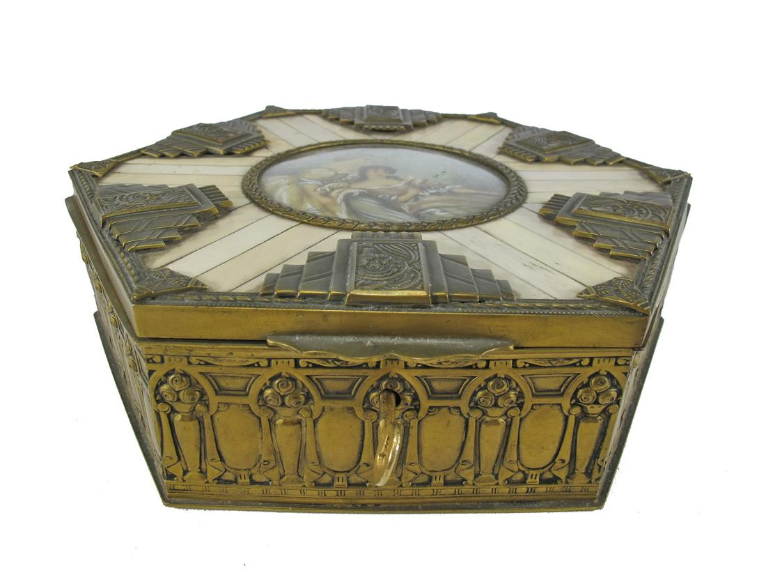 Antique European bronze & bone box with paintings: Antique European bronze & bone box with paintings. 2 3/4” H x 9 1/2” W x 8 1/2” D. ANY INVOICE OVER $ 2,000.00 WE WILL ACCEPT PAYMENTS ONLY THROUGH CHECK OR BANK WIRE TRANSFER, SAME 