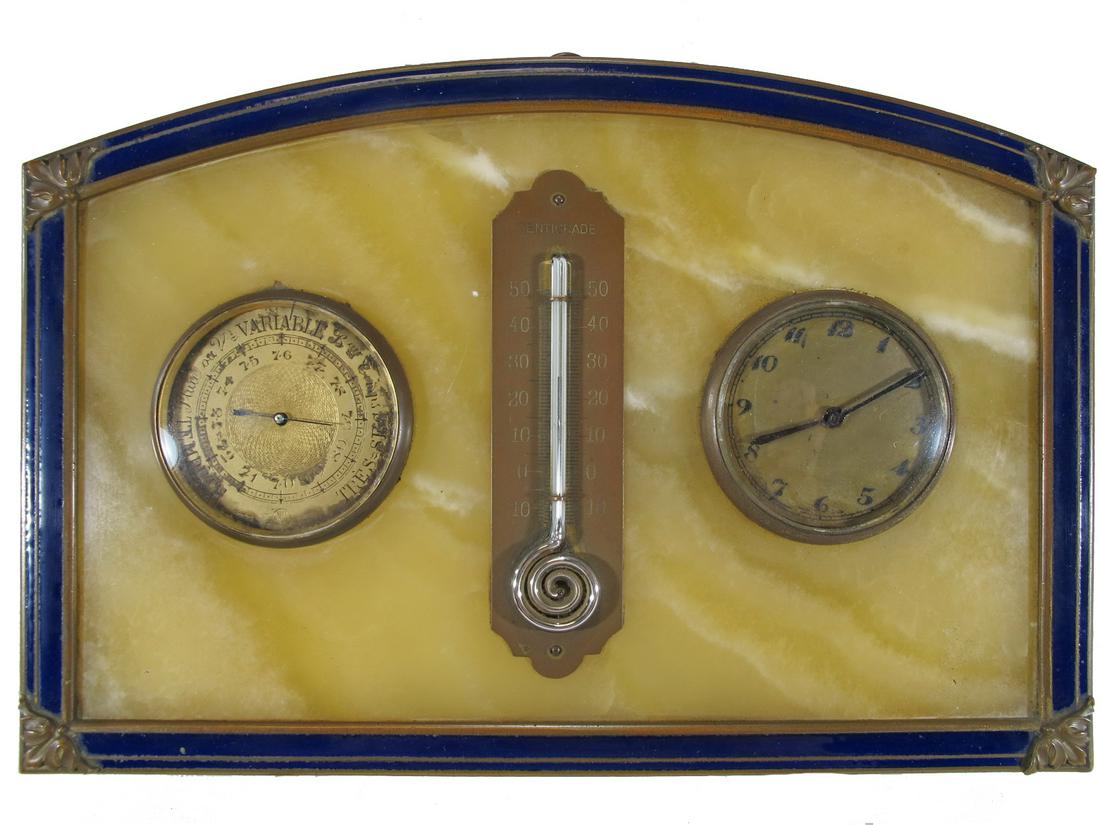EH Paris bronze, enamel & onyx thermometer & clock: EH Paris bronze, enamel & onyx thermometer & clock. 6 1/4” H x 9 1/8” W x 2” D. ANY INVOICE OVER $ 2,000.00 WE WILL ACCEPT PAYMENTS ONLY THROUGH CHECK OR BANK WIRE TRANSFER, SAME FOR