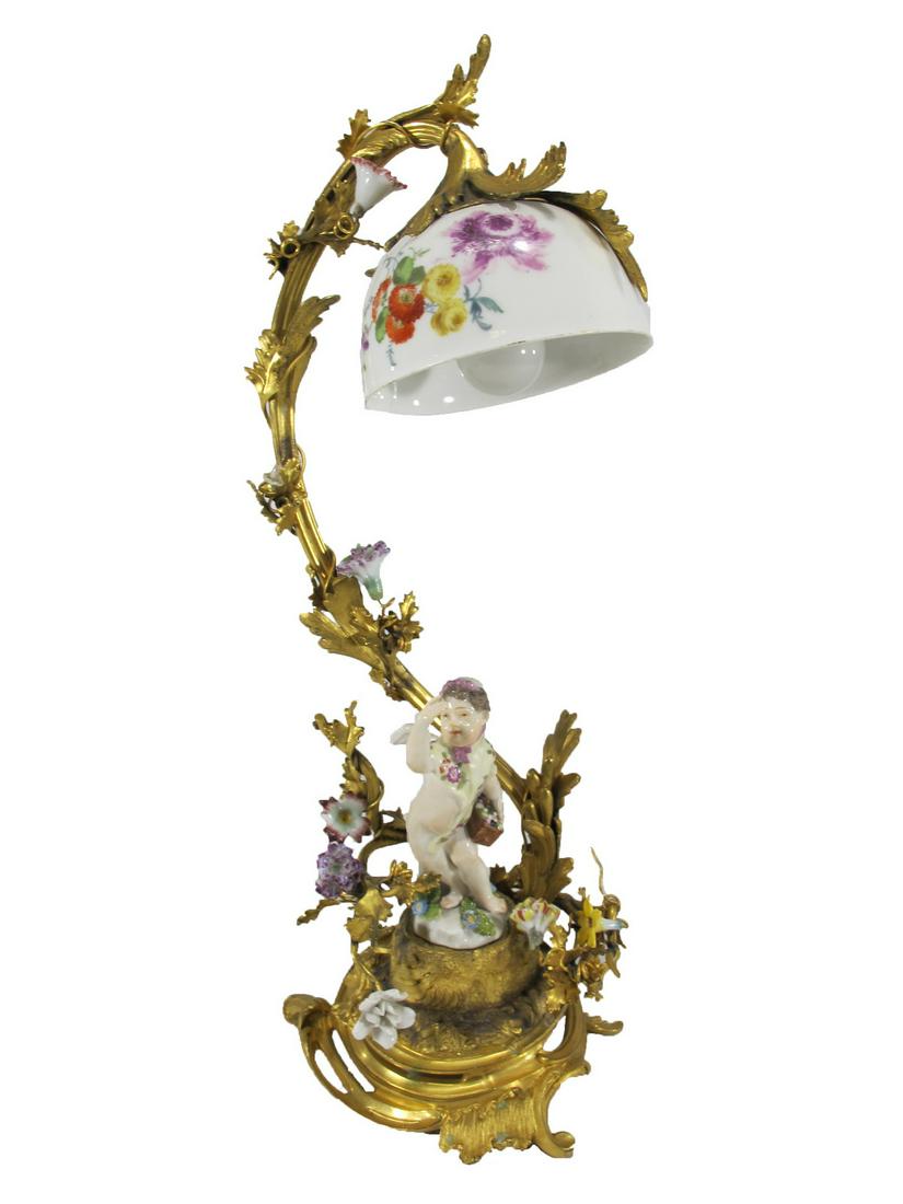 Antique Meissen bronze & porcelain lamp: Antique Meissen bronze & porcelain lamp. 12 1/2” H x 4 1/2” W x 4 3/4” D. ANY INVOICE OVER $ 2,000.00 WE WILL ACCEPT PAYMENTS ONLY THROUGH CHECK OR BANK WIRE TRANSFER, SAME FOR INTER