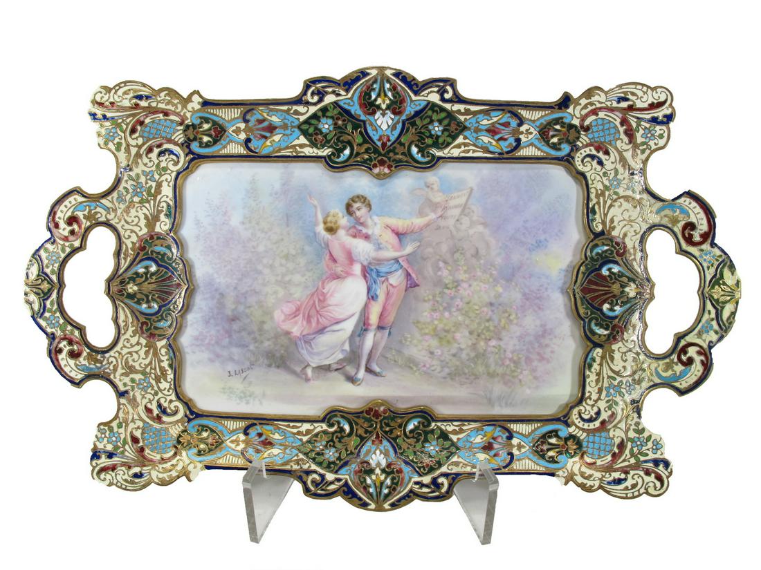 Antique French bronze champleve & porcelain tray,: Antique French bronze champleve & porcelain tray, signed by Lascot. 2” H x 14 1/2” W x 9 1/4” D. ANY INVOICE OVER $ 2,000.00 WE WILL ACCEPT PAYMENTS ONLY THROUGH CHECK OR BANK WIRE T