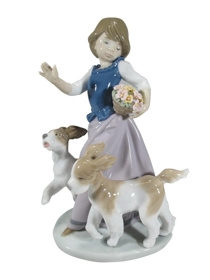 Lladro 5761 Out for a Romp porcelain statue: Lladro 5761 Out for a Romp porcelain statue, by Francisco Catala and with the original box. 8 3/8” H x 4 1/4” W x 5” D. Box: 5 7/8” H x 12 1/2” W x 7 1/2” D. ANY IN