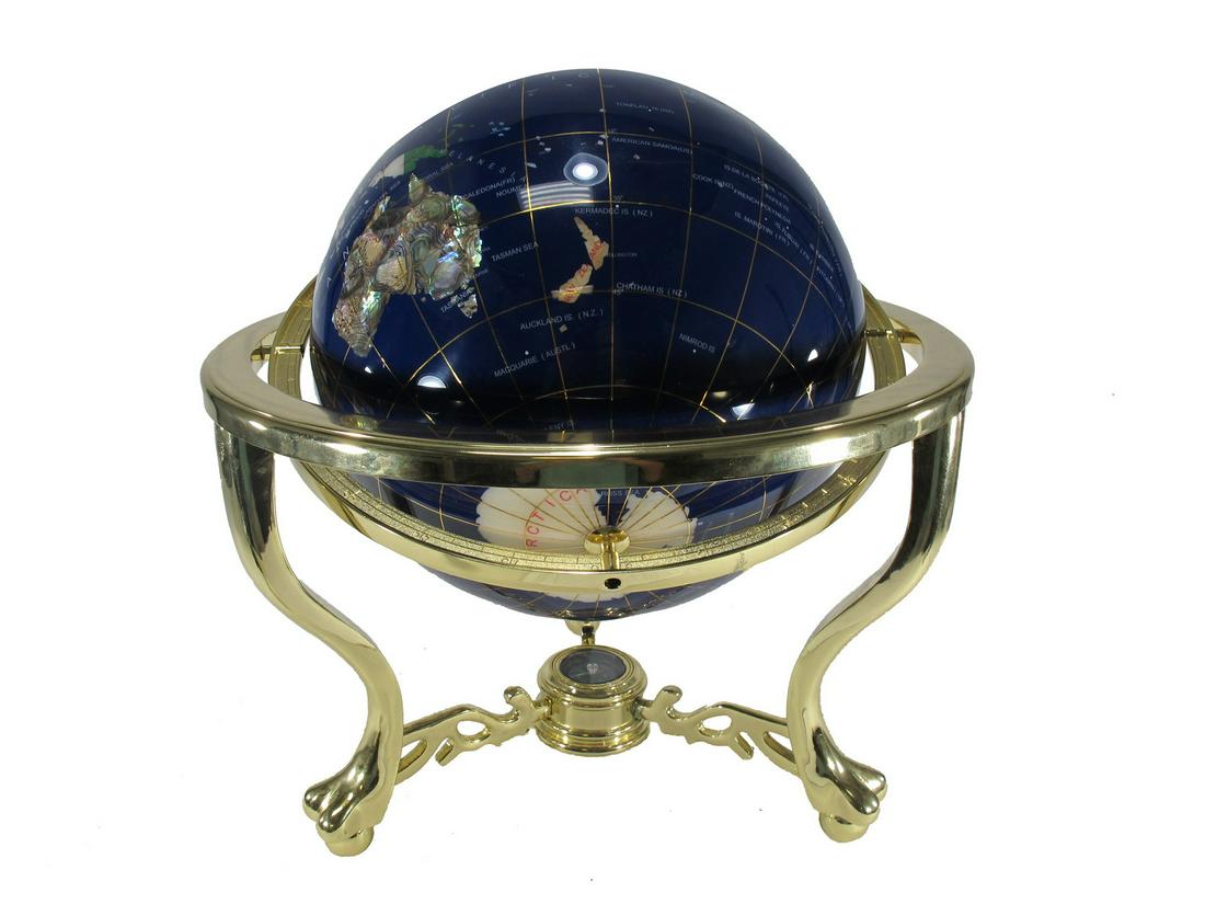 Gemstone worls map globe table stand with compass: Gemstone worls map globe table stand with compass. 19 1/8” H x 16” W. ANY INVOICE OVER $ 2,000.00 WE WILL ACCEPT PAYMENTS ONLY THROUGH CHECK OR BANK WIRE TRANSFER, SAME FOR INTERNATIONAL B