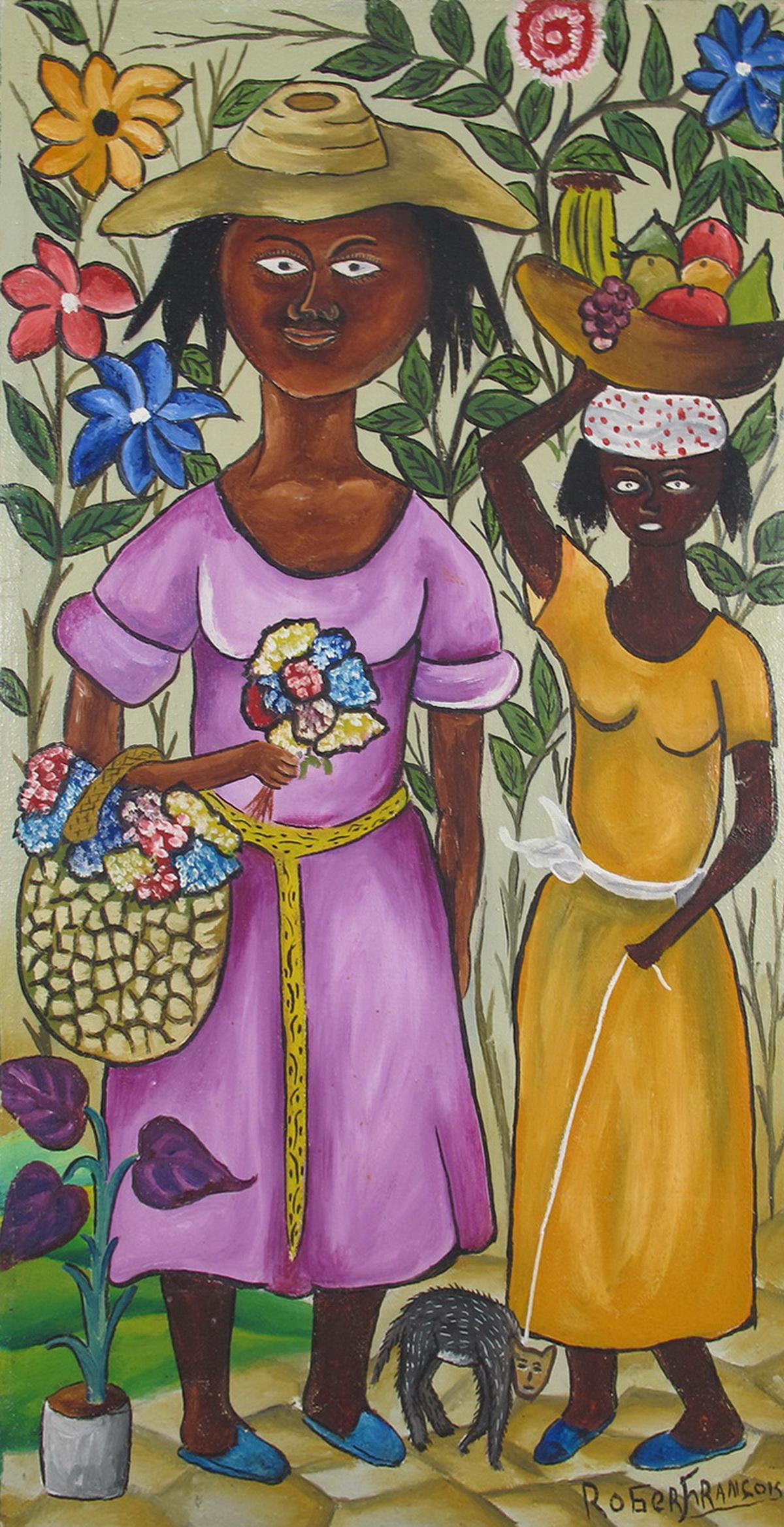 Signed Robert Francois Haitian painting: Signed Robert Francois Haitian painting. 16 1/8” H x 8 1/4” W. ANY INVOICE OVER $ 2,000.00 WE WILL ACCEPT PAYMENTS ONLY THROUGH CHECK OR BANK WIRE TRANSFER, SAME FOR INTERNATIONAL BUYERS.