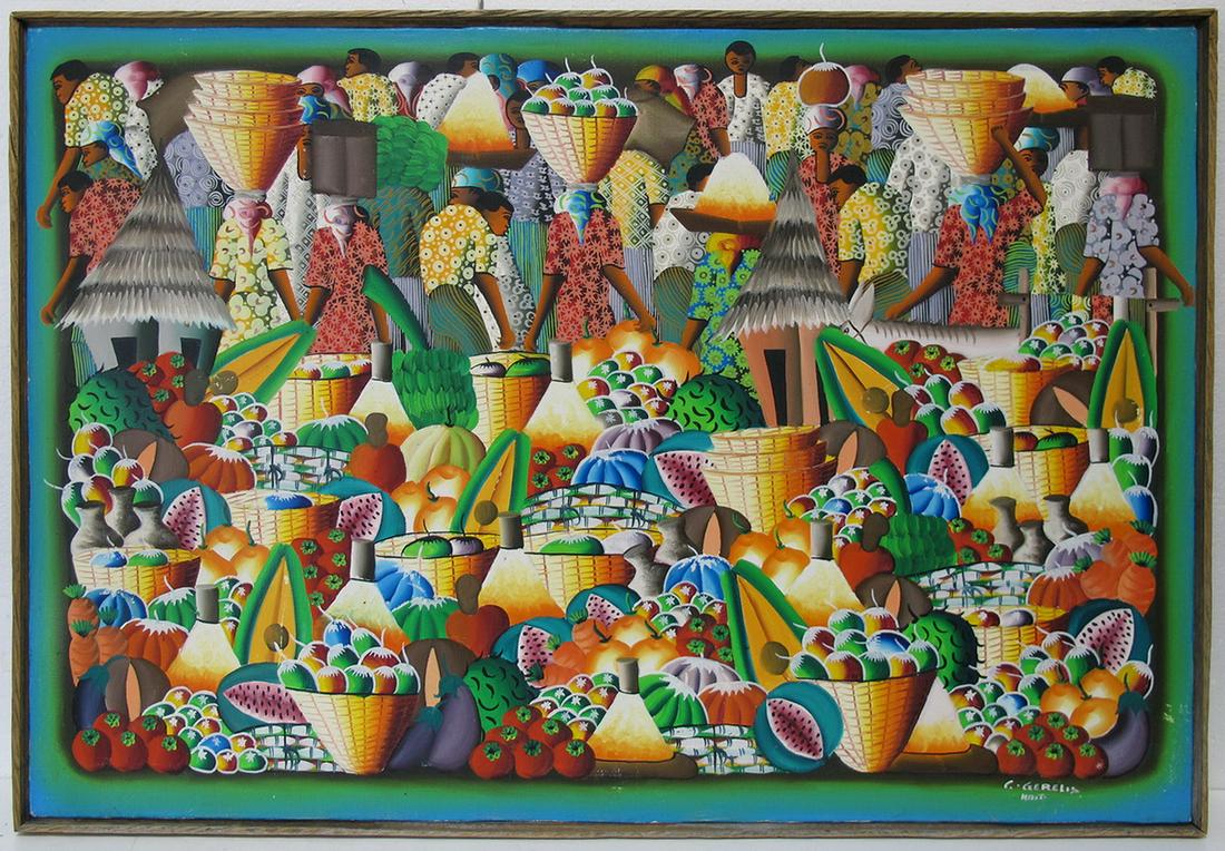 Signed C. Gerelos Haitian painting: Signed C. Gerelos Haitian painting. 24 3/4” H x 36 3/4” W. ANY INVOICE OVER $ 2,000.00 WE WILL ACCEPT PAYMENTS ONLY THROUGH CHECK OR BANK WIRE TRANSFER, SAME FOR INTERNATIONAL BUYERS. IF Y