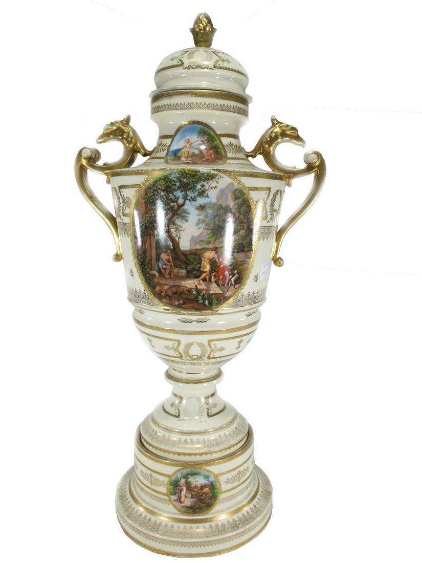 Antique Old Vienna large porcelain urn: Antique Old Vienna large porcelain urn. Hermes & Odysseus. 24 1/2” H x 11 1/2” W x 8 1/8” D. ANY INVOICE OVER $ 2,000.00 WE WILL ACCEPT PAYMENTS ONLY THROUGH CHECK OR BANK WIRE TRANS
