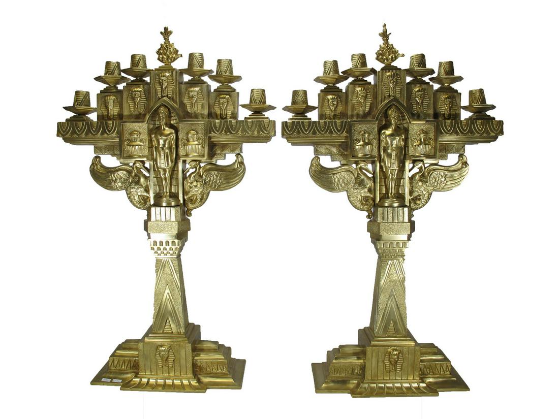Antique large European pair of bronze candelabras: Antique large European pair of bronze candelabras. 31” H x 18 1/4” W x 6 3/4” D. ANY INVOICE OVER $ 2,000.00 WE WILL ACCEPT PAYMENTS ONLY THROUGH CHECK OR BANK WIRE TRANSFER, SAME FO