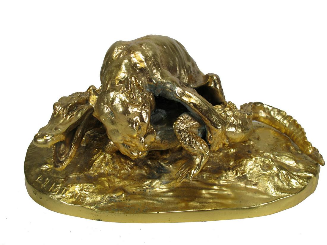 Pierre-Jules MENE (1810-1879) French bronze sculpture: Pierre-Jules MENE (1810-1879) French bronze sculpture, Panther & Crocodile fight. 7 1/8” H x 15 5/8” W x 8 7/8” D. ANY INVOICE OVER $ 2,000.00 WE WILL ACCEPT PAYMENTS ONLY THROUGH CH