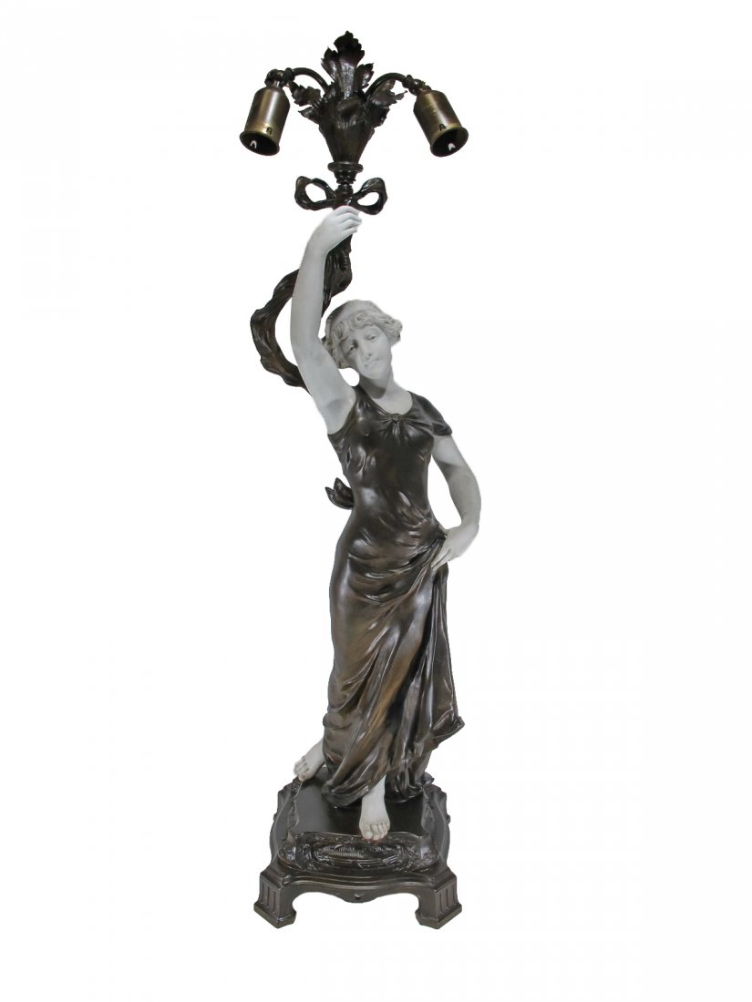 Antique signed French spelter and bisque lamp: Antique signed French spelter and bisque lamp. 42 3/4” H x 11 1/2” W x 11” D. ANY INVOICE OVER $ 2,000.00 WE WILL ACCEPT PAYMENTS ONLY THROUGH CHECK OR BANK WIRE TRANSFER, SAME FOR INTERNATIONAL