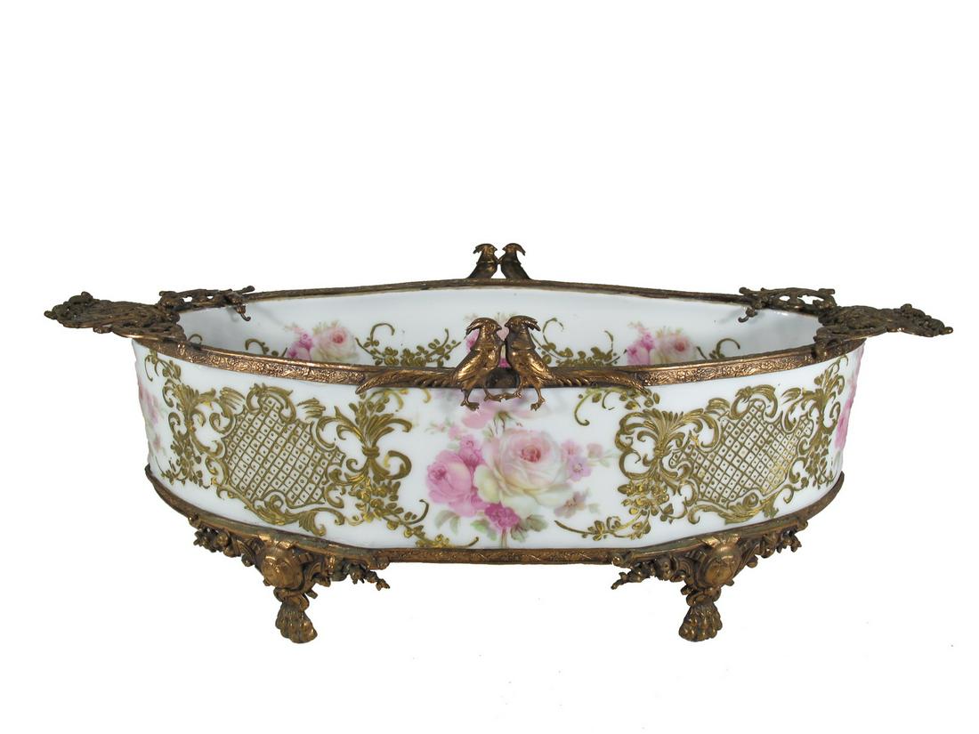 Antique French Limoges bronze & porcelain centerpiece: Antique French Limoges bronze & porcelain centerpiece. 5 3/8” H x 14 3/4” W x 6 1/4” D. ANY INVOICE OVER $ 2,000.00 WE WILL ACCEPT PAYMENTS ONLY THROUGH CHECK OR BANK WIRE TRANSFER, 