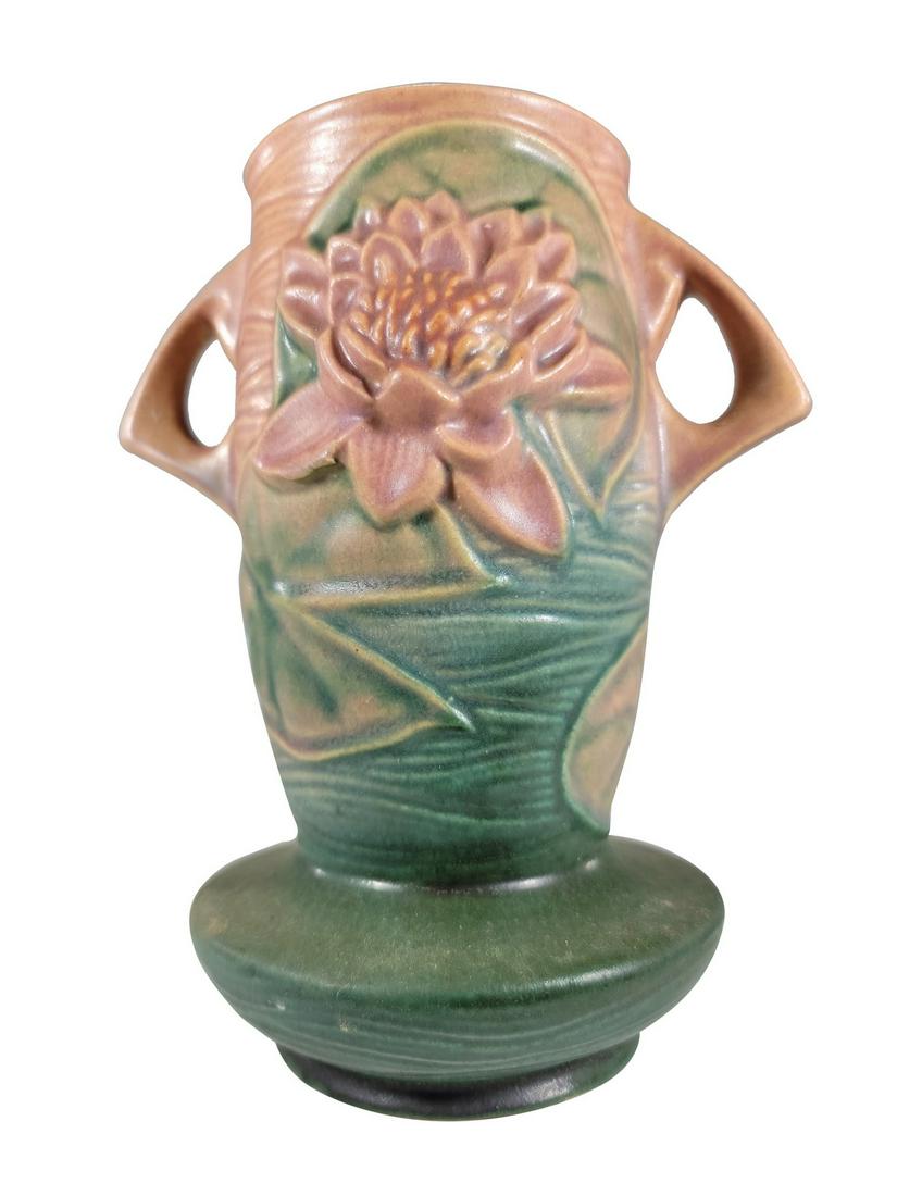 Roseville Pottery Water Lily Brown pottery Vase: Roseville Pottery Water Lily Brown pottery Vase. 7 1/4” H x 6 1/4” W x 3 3/8” D. ANY INVOICE OVER $ 2,000.00 WE WILL ACCEPT PAYMENTS ONLY THROUGH CHECK OR BANK WIRE TRANSFER, SAME FO