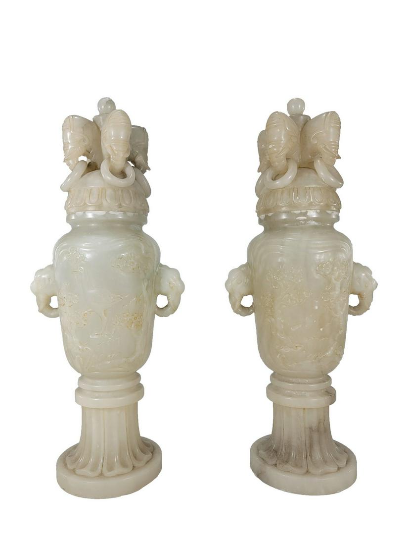 Antique Chinese pair of alabaster urns: Antique Chinese pair of alabaster urns. 12 1/2” H x 6” W x 3 1/2” D. ANY INVOICE OVER $ 2,000.00 WE WILL ACCEPT PAYMENTS ONLY THROUGH CHECK OR BANK WIRE TRANSFER, SAME FOR INTERNATIO