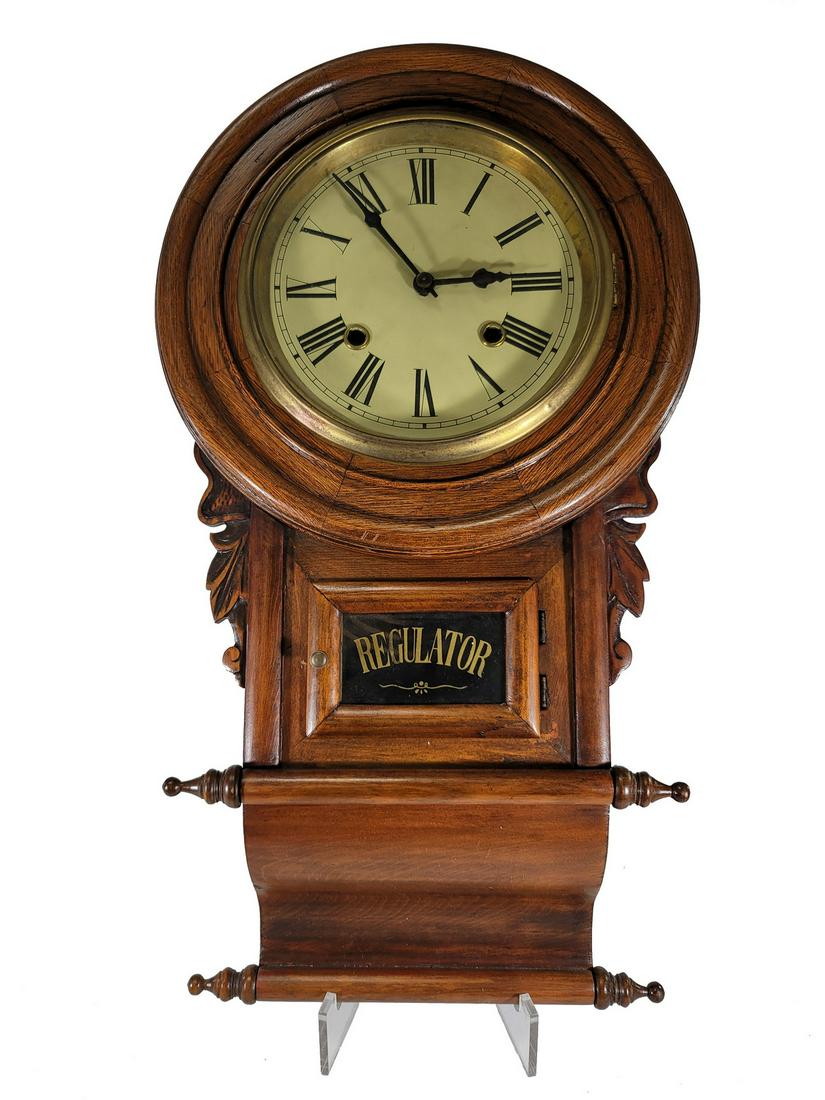 Vintage Regulator wall clock: Vintage Regulator wall clock. 23” H x 12 1/2” W x 4 1/8” D. ANY INVOICE OVER $ 2,000.00 WE WILL ACCEPT PAYMENTS ONLY THROUGH CHECK OR BANK WIRE TRANSFER, SAME FOR INTERNATIONAL BUYER