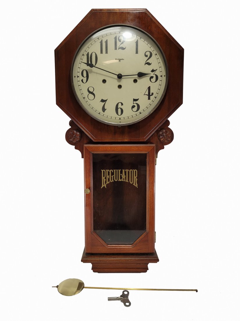 Vintage Baldwin Regulator wall clock: Vintage Baldwin Regulator wall clock. 32 1/2” H x 15 1/2” W x 5” D. ANY INVOICE OVER $ 2,000.00 WE WILL ACCEPT PAYMENTS ONLY THROUGH CHECK OR BANK WIRE TRANSFER, SAME FOR INTERNATIONAL BUYERS. I