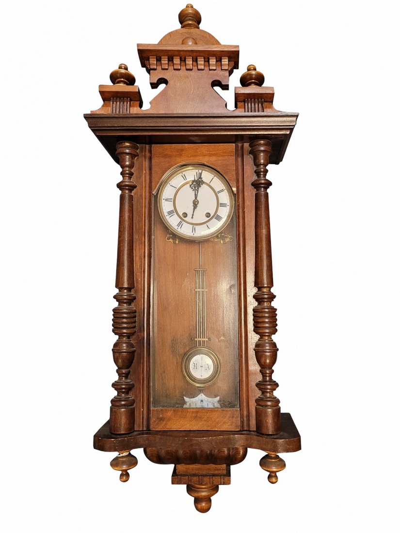 Antique German RA mechanism wall clock: Antique German RA mechanism wall clock. 39 1/2” H with the top x 11 1/8” W x 7” D. 29 1/2” H without the top. ANY INVOICE OVER $ 2,000.00 WE WILL ACCEPT PAYMENTS ONLY THROUGH CHECK OR BANK WIR