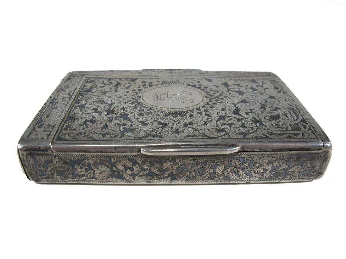 Antique Russian engraved silver cigar case.: Antique Russian engraved silver cigar case. Weight: 194.8 grams. 4” H x 2 1/2” W x 5/8” D. ANY INVOICE OVER $ 2,000.00 WE WILL ACCEPT PAYMENTS ONLY THROUGH CHECK OR BANK WIRE TRANSFE