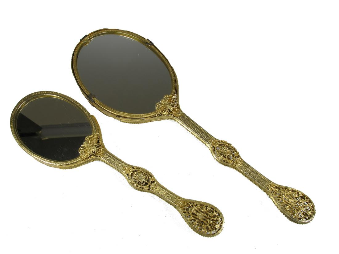 2 Antique French bronze filigree hand mirrors: 2 Antique French bronze filigree hand mirrors. 12 3/4” H x 4 1/4” W and 10 1/8” H x 3” W. ANY INVOICE OVER $ 2,000.00 WE WILL ACCEPT PAYMENTS ONLY THROUGH CHECK OR BANK WIRE TR
