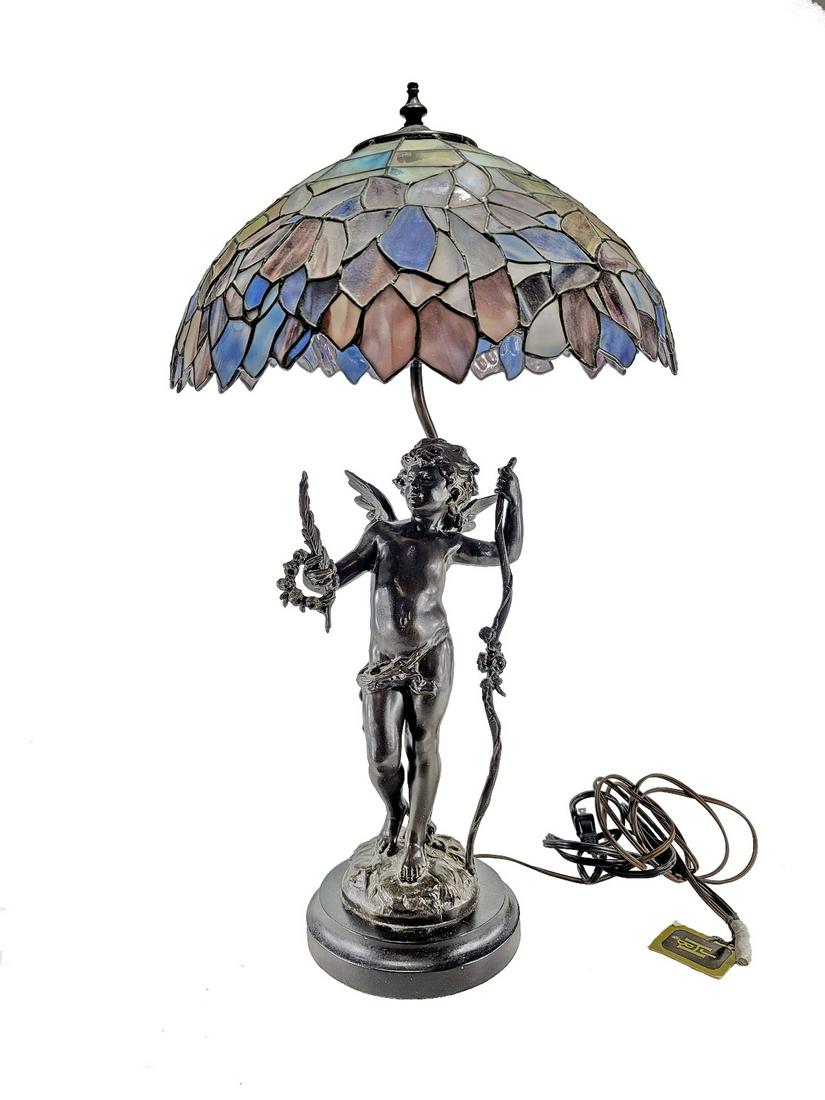 Vintage spelter & slag glass shade table lamp: Vintage spelter & slag glass shade table lamp. 26 1/2” H x 16” W. Base: 15 7/8” H x 6 7/8” W. Shade: 7 1/8” H x 16” W. ANY INVOICE OVER $ 2,000.00 WE WILL ACCEPT PA