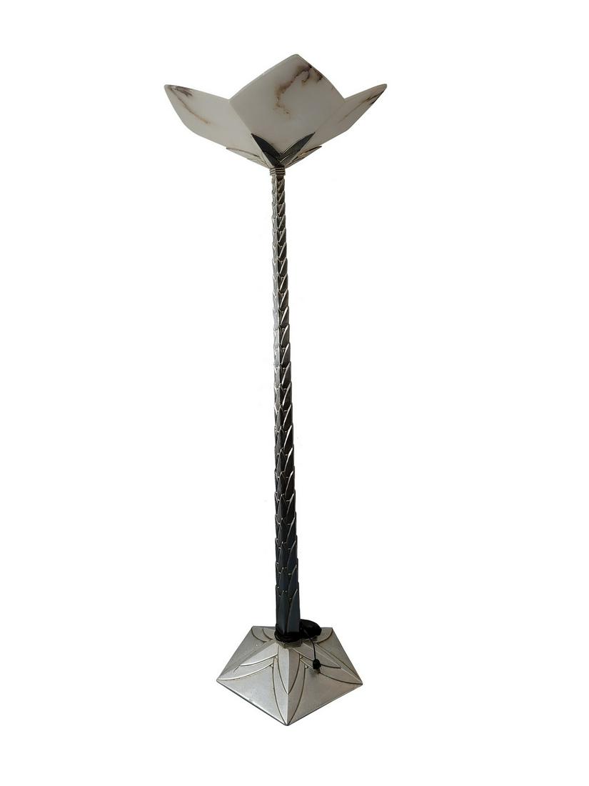 Art deco style alabaster shade floor lamp: Art deco style alabaster shade floor lamp. 77 1/4” H x 25” W. ANY INVOICE OVER $ 2,000.00 WE WILL ACCEPT PAYMENTS ONLY THROUGH CHECK OR BANK WIRE TRANSFER, SAME FOR INTERNATIONAL BUYERS. I