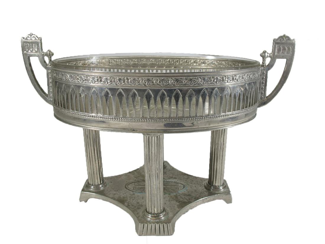 Antique German silverplate & glass centerpiece: Antique German silverplate & glass centerpiece, probably WMF. 7 1/2” H x 11 1/4” W x 6” D. ANY INVOICE OVER $ 2,000.00 WE WILL ACCEPT PAYMENTS ONLY THROUGH CHECK OR BANK WIRE TRANSFE