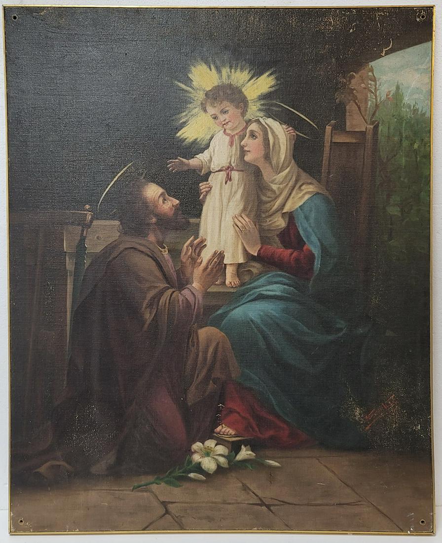 Vintage oil on masonite Religious painting: Vintage oil on masonite Religious painting. 40 3/8” H x 31 1/4” W. ANY INVOICE OVER $ 2,000.00 WE WILL ACCEPT PAYMENTS ONLY THROUGH CHECK OR BANK WIRE TRANSFER, SAME FOR INTERNATIONAL BUYE