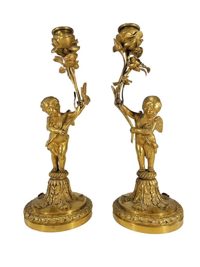Possibly Henry Dasson Antique French pair of gilt: Possibly Henry Dasson Antique French pair of gilt bronze candlesticks, marked H D. 11” H x 4” W. ANY INVOICE OVER $ 2,000.00 WE WILL ACCEPT PAYMENTS ONLY THROUGH CHECK OR BANK WIRE TRANSFE