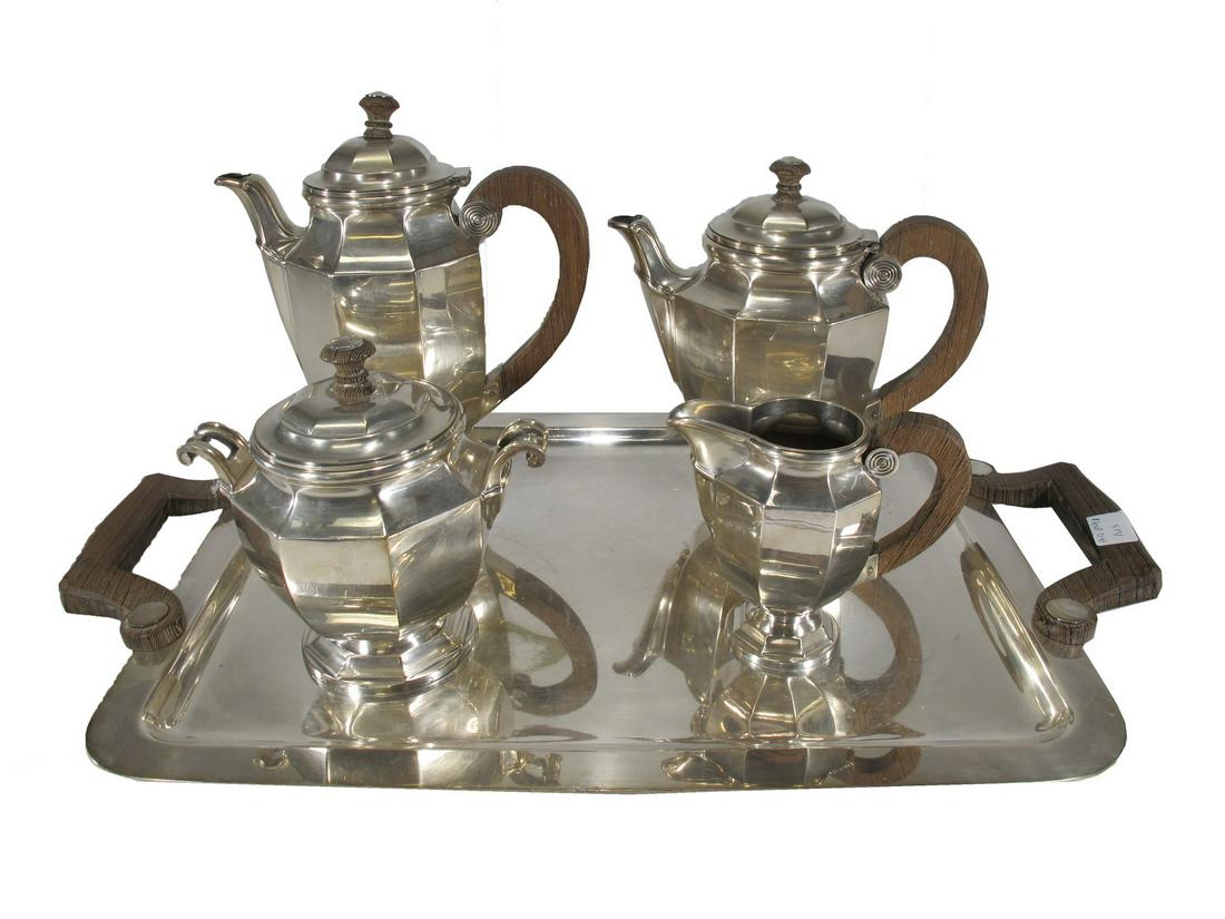 French Christofle silverplate tea & coffeepot set: French Christofle silverplate tea & coffeepot set. Tray: 21 1/4” H x 13 1/8” W. Teapot: 9 3/8” H x 7 5/8” W x 3 3/4” D. Coffeepot: 7 1/2” H x 8” W x 4 1/4&rdq