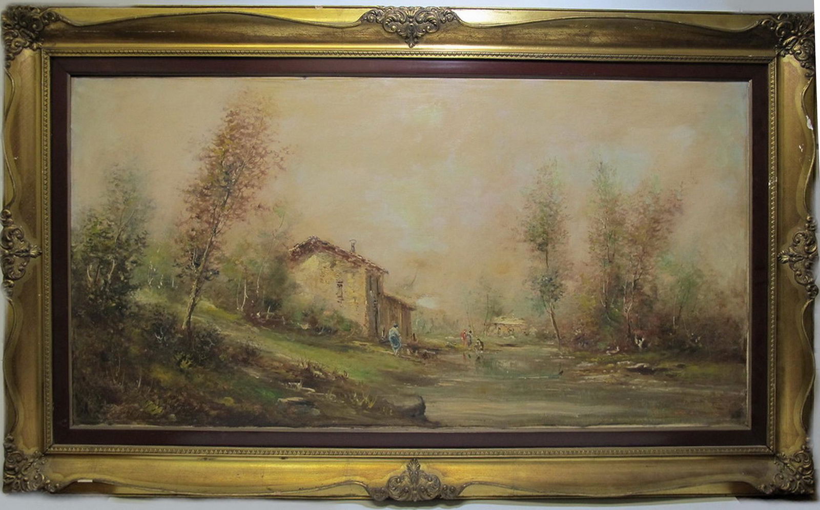 Antique European oil on canvas landscape, signed: Antique European oil on canvas landscape, illegible signature. 32 7/8 in H x 56 1/4 in W frame included, 23 3/4 in H x 47 1/4 in W without frame. ANY INVOICE OVER $ 2,000.00 WE WILL ACCEPT PAYMENTS ON