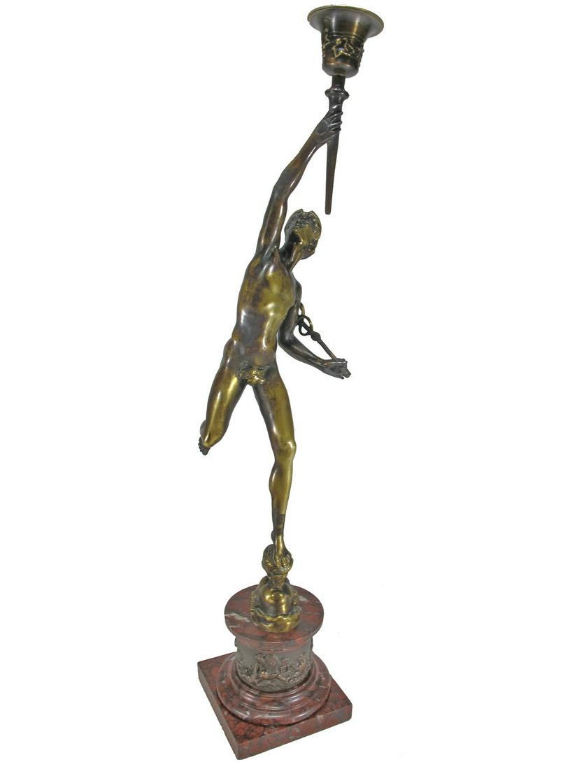 Antique European bronze statue of Mercury: Antique European bronze statue of Mercury with a marble base. 21” H x 4 1/4” W x 6” D. ANY INVOICE OVER $ 2,000.00 WE WILL ACCEPT PAYMENTS ONLY THROUGH CHECK OR BANK WIRE TRANSFER, S