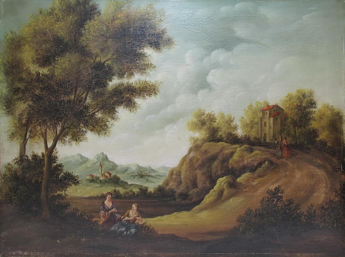 Antique European oil on canvas landscape painting: Antique European oil on canvas landscape painting. 23 3/4 in H x 31 5/8 in W. ANY INVOICE OVER $ 2,000.00 WE WILL ACCEPT PAYMENTS ONLY THROUGH CHECK OR BANK WIRE TRANSFER, SAME FOR INTERNATIONAL BUYER